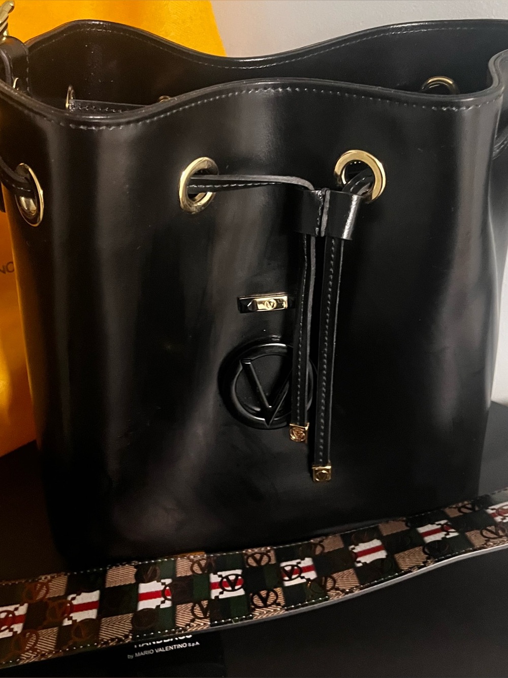 Mario Valentino Black Leather Satchel with Gold Hardware